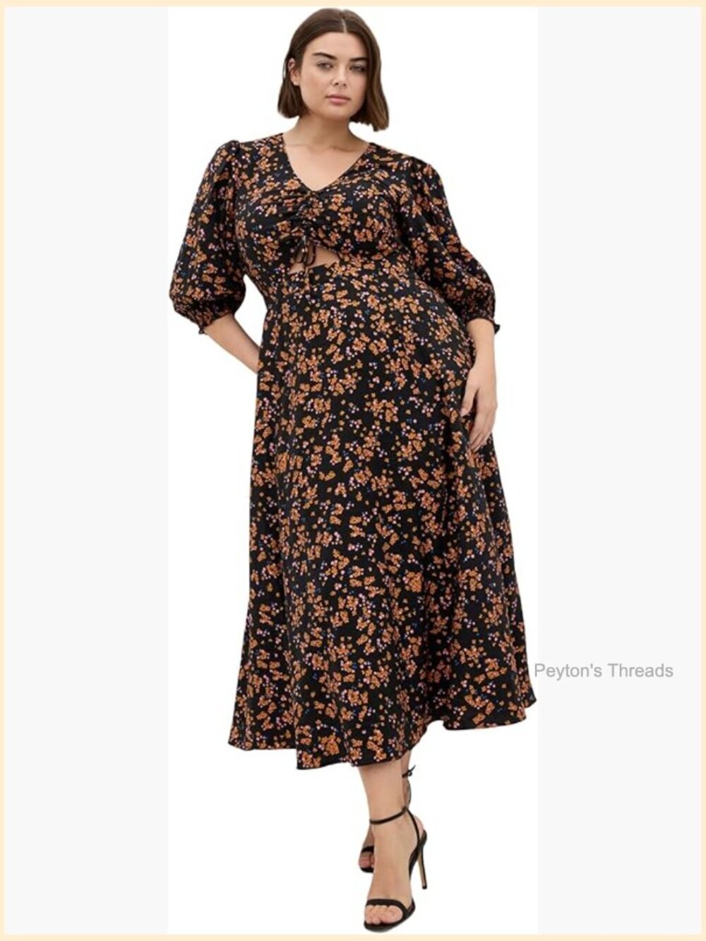 Plus Size Maxi Dress - V-Neck Elbow Sleeve Floral Fit & Flare